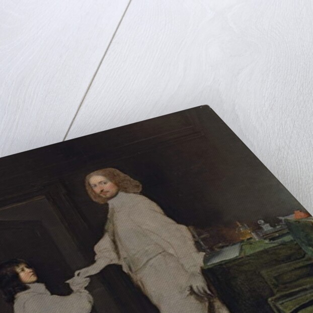 Portrait of a man, full-length, handing a letter to a boy, in an interior by Gonzales Coques