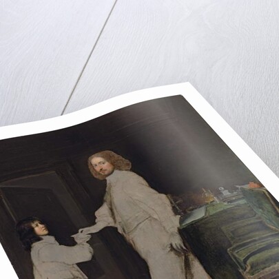 Portrait of a man, full-length, handing a letter to a boy, in an interior by Gonzales Coques