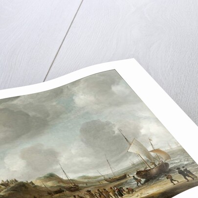 A view of Egmond aan Zee with fisherfolk on the beach and shipping offshore by Jan Abrahamsz. Beerstraten