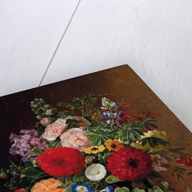 Lilac, apple blossom, cornflowers and sweet williams with a pot of violas on a ledge, 1827 by Johan Laurents Jensen