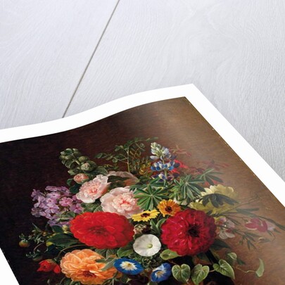 Lilac, apple blossom, cornflowers and sweet williams with a pot of violas on a ledge, 1827 by Johan Laurents Jensen