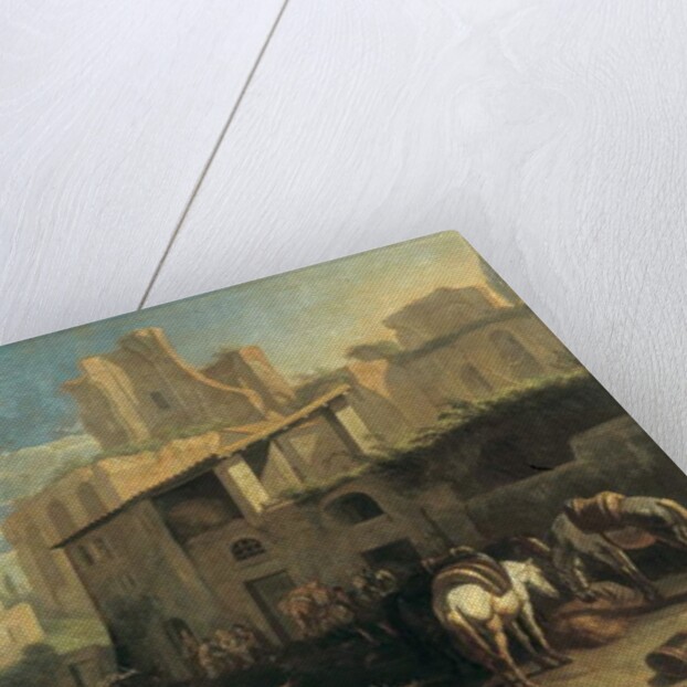 Travellers and various animals stop in front of a tavern with Roman ruins in the background 73.5 x 97 cm. by Pieter van Bloemen