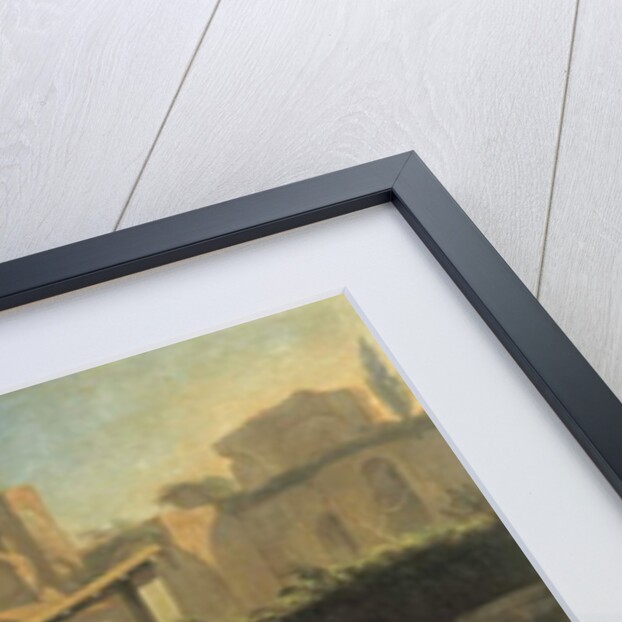 Travellers and various animals stop in front of a tavern with Roman ruins in the background 73.5 x 97 cm. by Pieter van Bloemen