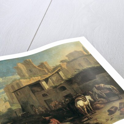 Travellers and various animals stop in front of a tavern with Roman ruins in the background 73.5 x 97 cm. by Pieter van Bloemen