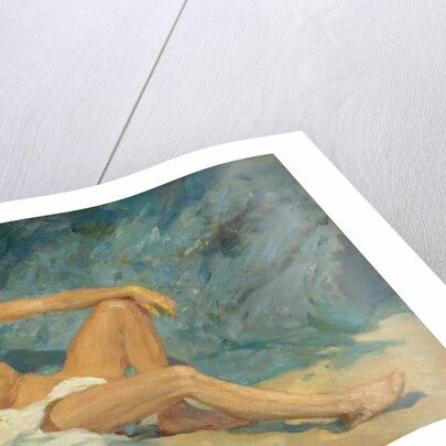 A male nude reclining on rocks by Henry Scott Tuke