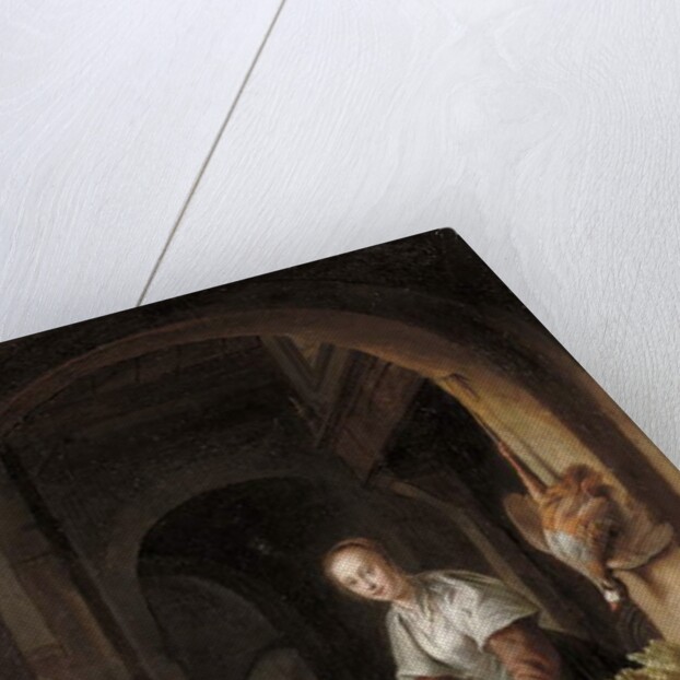 A maid preparing vegetables in a kitchen by Jan Adriansz van Staveren