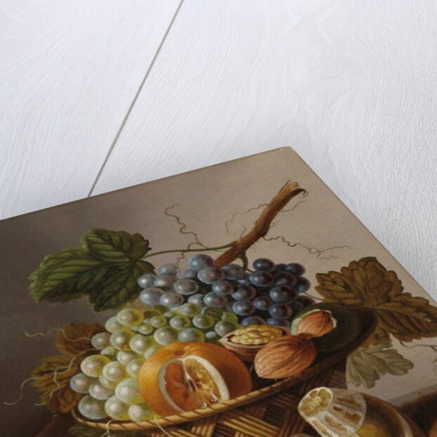 Grapes, an orange and walnuts in a wicker basket with a lemon and plums, all on a marble ledge by Johannes Cornelis Bruyn