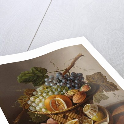 Grapes, an orange and walnuts in a wicker basket with a lemon and plums, all on a marble ledge by Johannes Cornelis Bruyn