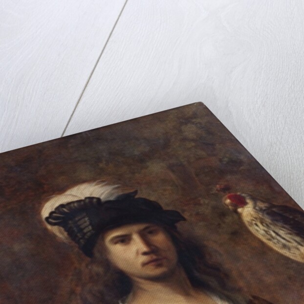 A falconer, standing half length, in a feathered hat by Rembrandt Harmensz. van Rijn (circle of)