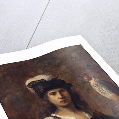 A falconer, standing half length, in a feathered hat by Rembrandt Harmensz. van Rijn (circle of)