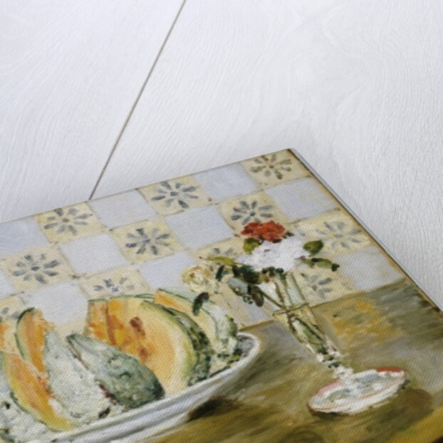 Still life of a melon and a vase of flowers, c.1872 by Pierre Auguste Renoir