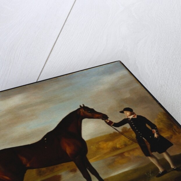 The Duke of Marlborough's Bay Hunter, with a Groom in Livery in a Lake Landscape by George Stubbs