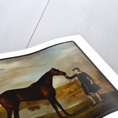 The Duke of Marlborough's Bay Hunter, with a Groom in Livery in a Lake Landscape by George Stubbs