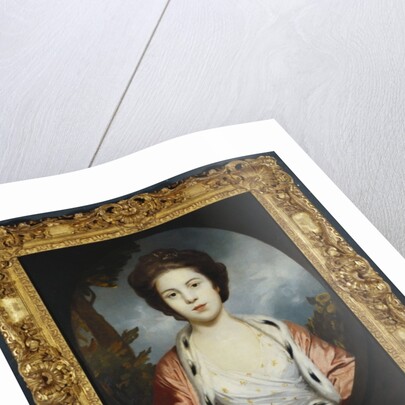 Portrait of Esther, Lady Wray, wearing a white dress, a gold and pink ermine-lined cloak, a landscape beyond by Joshua Reynolds