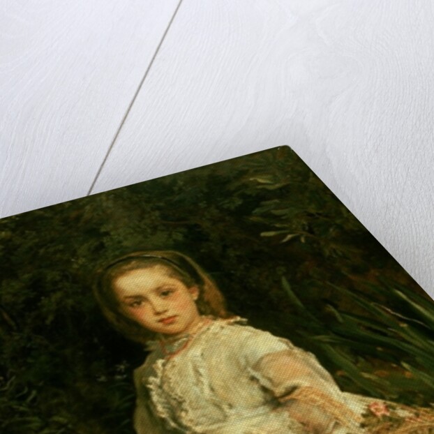 Portrait of Gracia, full length, wearing a white dress, picking wild flowers by John Everett Millais