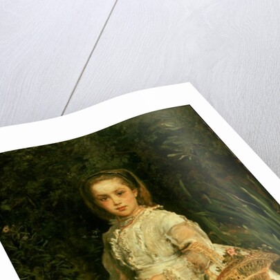 Portrait of Gracia, full length, wearing a white dress, picking wild flowers by John Everett Millais