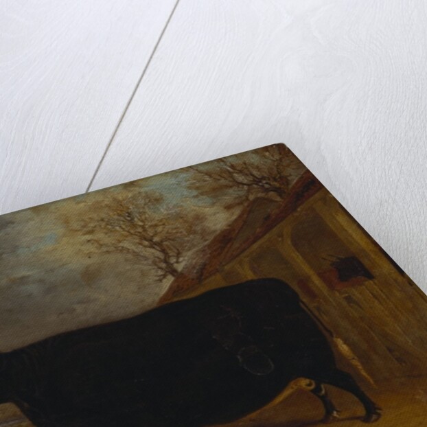 A black bull standing by a cowshed, an extensive landscape beyond by James Pollard