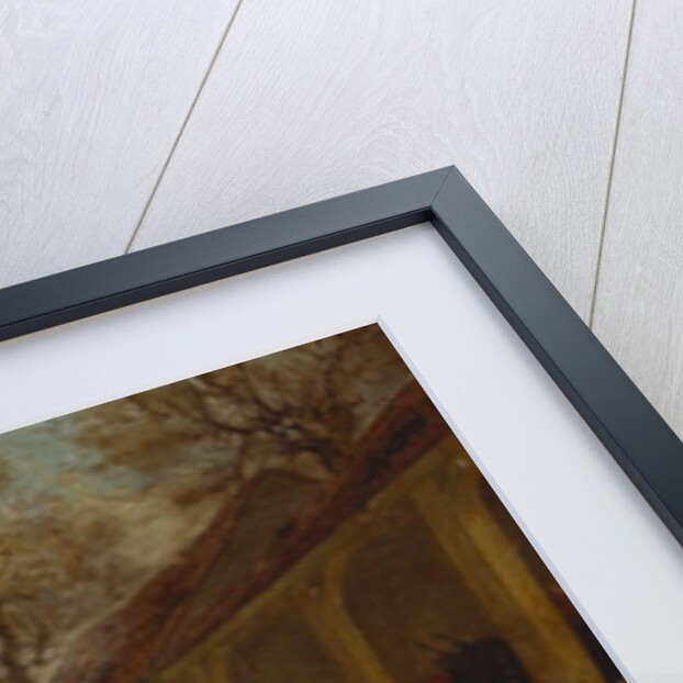 A black bull standing by a cowshed, an extensive landscape beyond by James Pollard