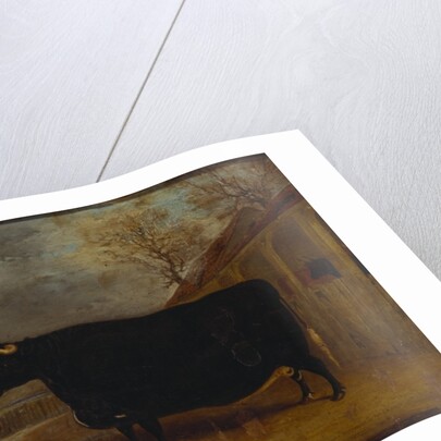 A black bull standing by a cowshed, an extensive landscape beyond by James Pollard