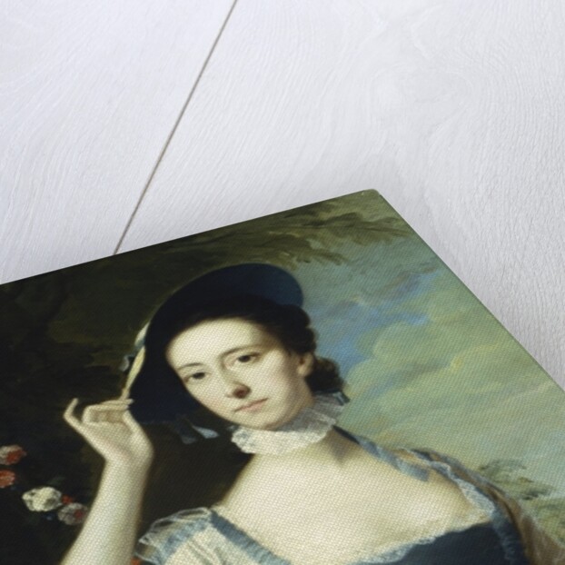 Portrait of a lady by a garland of flowers, in a landscape by Joseph Wright of Derby