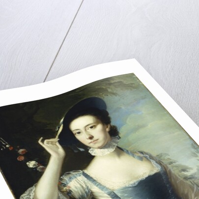 Portrait of a lady by a garland of flowers, in a landscape by Joseph Wright of Derby