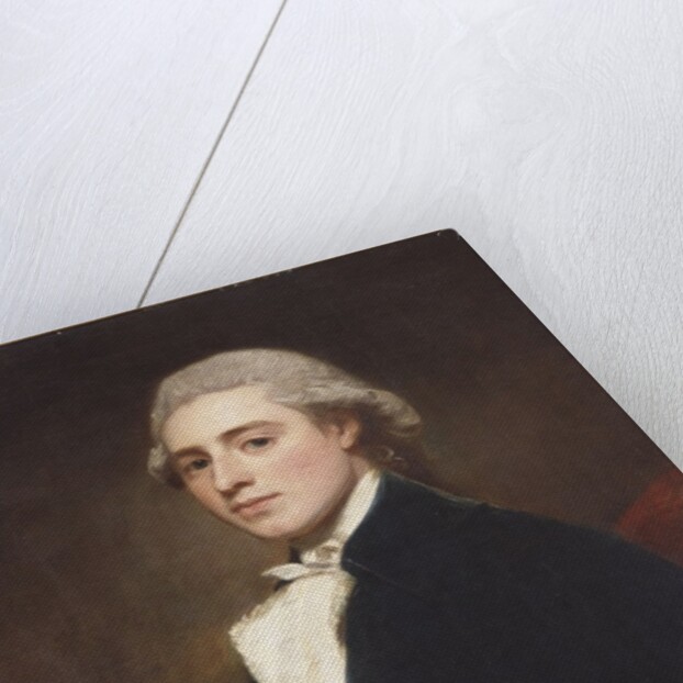 Portrait of James Dashwood, half length, wearing a blue jacket and white jabot by George Romney