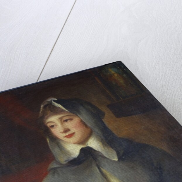 Portrait of a lady, half length, as a nun, holding a rosary, by a shrine in an interior by George Romney
