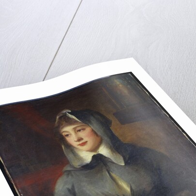 Portrait of a lady, half length, as a nun, holding a rosary, by a shrine in an interior by George Romney