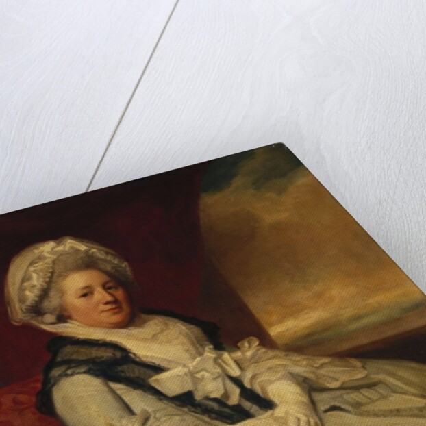 Portrait of Mrs. Uppleby, seated three-quarter length, wearing a white dress and bonnet with a black shawl by George Romney