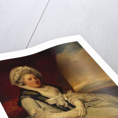 Portrait of Mrs. Uppleby, seated three-quarter length, wearing a white dress and bonnet with a black shawl by George Romney