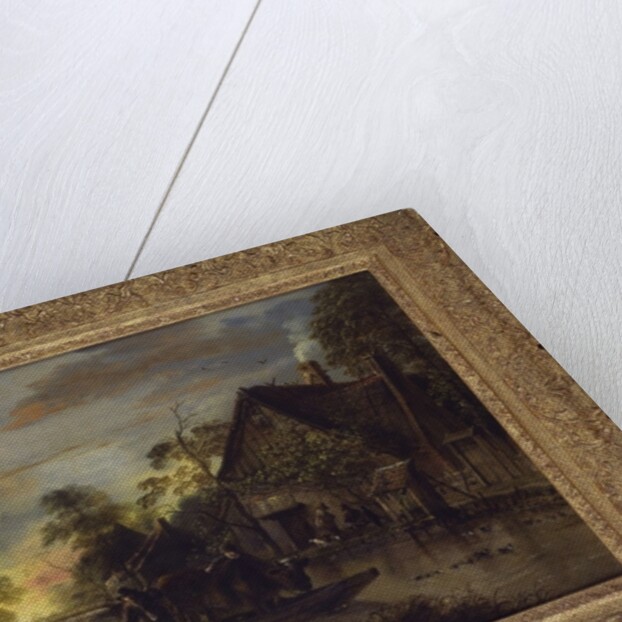 A River Landscape with Peasants Ferrying a Bull, Peasants by a Cottage Beyond by Aert van der Neer