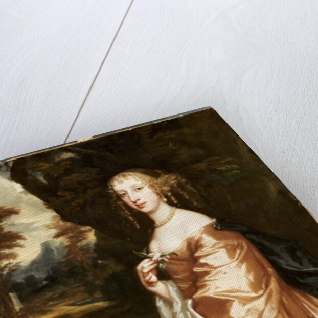 Portrait of Lady Penelope Nicholas, holding an orange in a landscape by Peter Lely