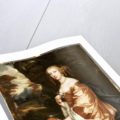 Portrait of Lady Penelope Nicholas, holding an orange in a landscape by Peter Lely