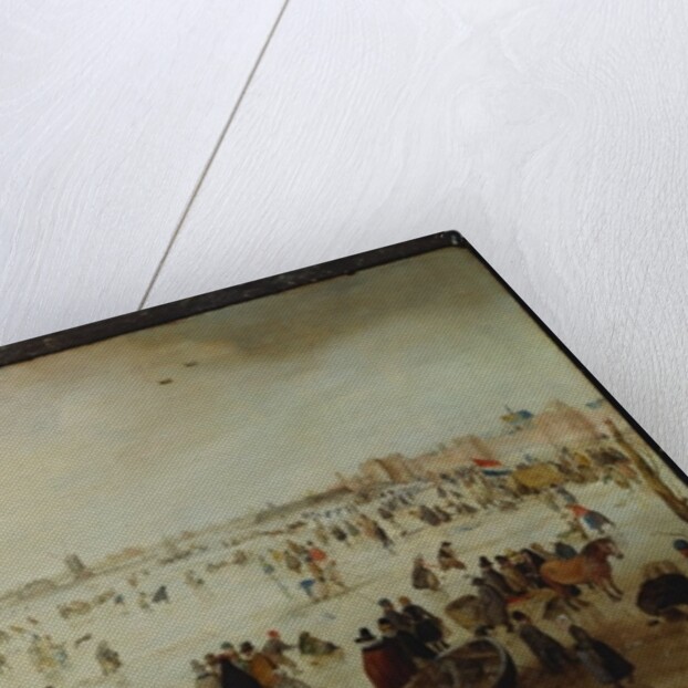 Skaters, golf players, elegant ladies and gentleman on frozen floodwaters by the Broederpoort at Kampen by Hendrik Avercamp