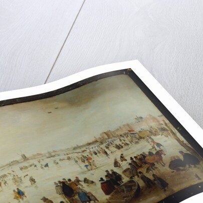 Skaters, golf players, elegant ladies and gentleman on frozen floodwaters by the Broederpoort at Kampen by Hendrik Avercamp