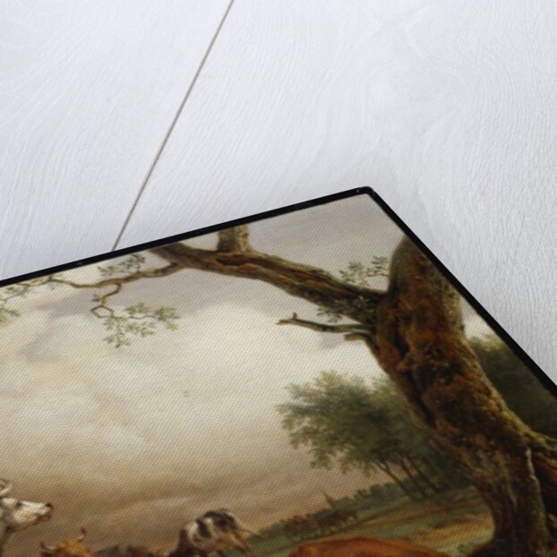 Cattle in a field, with travellers in a wagon on a track beyond and a church tower in the distance, a rain storm approaching, 1652 by Paulus Potter