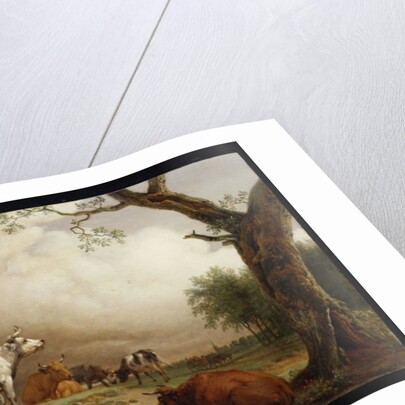 Cattle in a field, with travellers in a wagon on a track beyond and a church tower in the distance, a rain storm approaching, 1652 by Paulus Potter