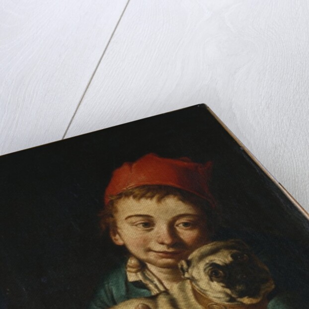 A boy, half length, in a blue jacket and a red hat, holding a pug on a cushion by Giacomo Ceruti