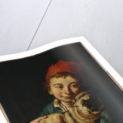 A boy, half length, in a blue jacket and a red hat, holding a pug on a cushion by Giacomo Ceruti