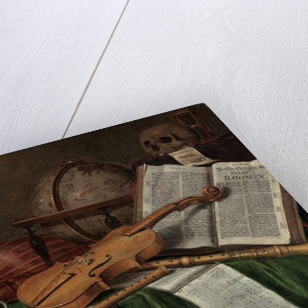 Vanitas still life with an astrological globe, a violin, a skull, an hourglass, an open book, a score, a watch, a lute and other musical instruments on a draped table, 1680s by Edwaert Colyer or Collier