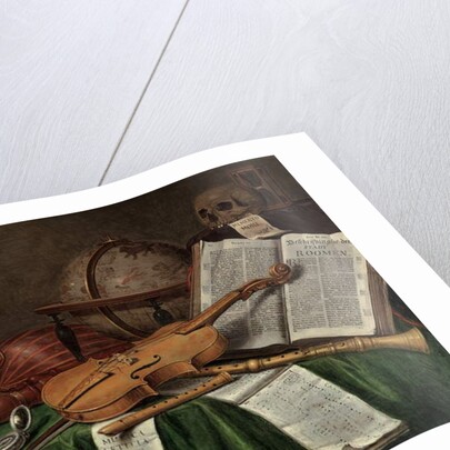 Vanitas still life with an astrological globe, a violin, a skull, an hourglass, an open book, a score, a watch, a lute and other musical instruments on a draped table, 1680s by Edwaert Colyer or Collier