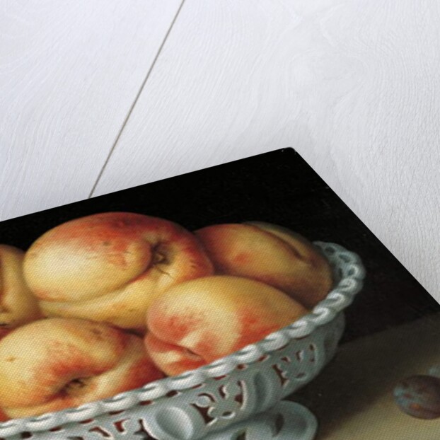 Peaches in a pierced white faience basket by Fede Galizia