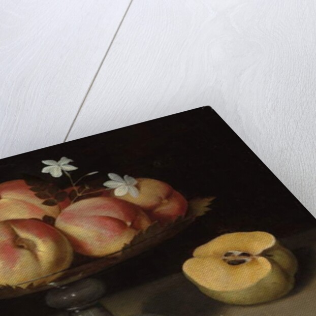 Peaches in a glass bowl, apples and jasmine flowers by Fede Galizia