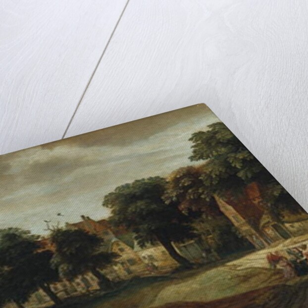 A wooded river landscape with village buildings and Abraham and the Three Angels by Adriaen van Stalbemt