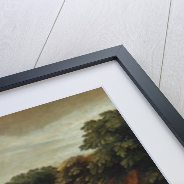 A wooded river landscape with village buildings and Abraham and the Three Angels by Adriaen van Stalbemt