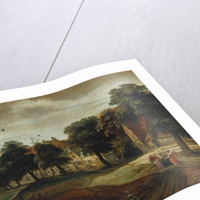 A wooded river landscape with village buildings and Abraham and the Three Angels by Adriaen van Stalbemt