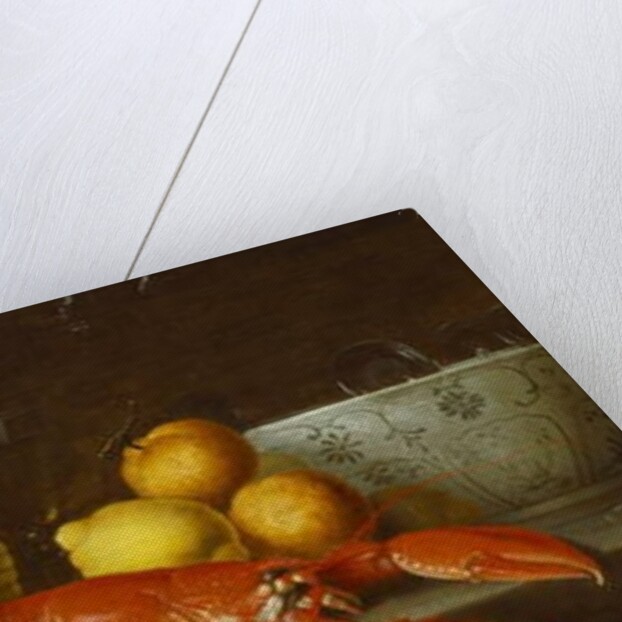 Bread, oysters, a Chianti flask, a lobster, lemons, oranges and glasses in a porcelain bowl on a ledge by Jakob Bogdani or Bogdany