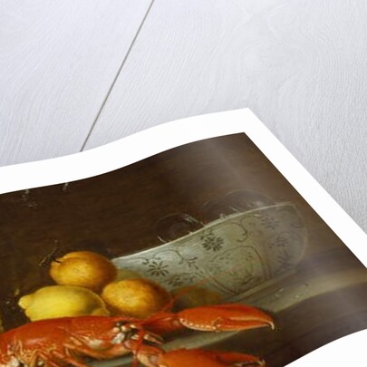 Bread, oysters, a Chianti flask, a lobster, lemons, oranges and glasses in a porcelain bowl on a ledge by Jakob Bogdani or Bogdany