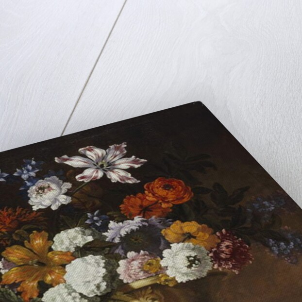 Tulips, snowballs and other flowers in a sculpted urn on a ledge by Pieter Casteels