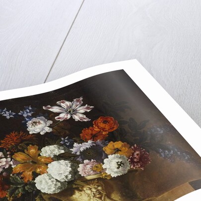 Tulips, snowballs and other flowers in a sculpted urn on a ledge by Pieter Casteels